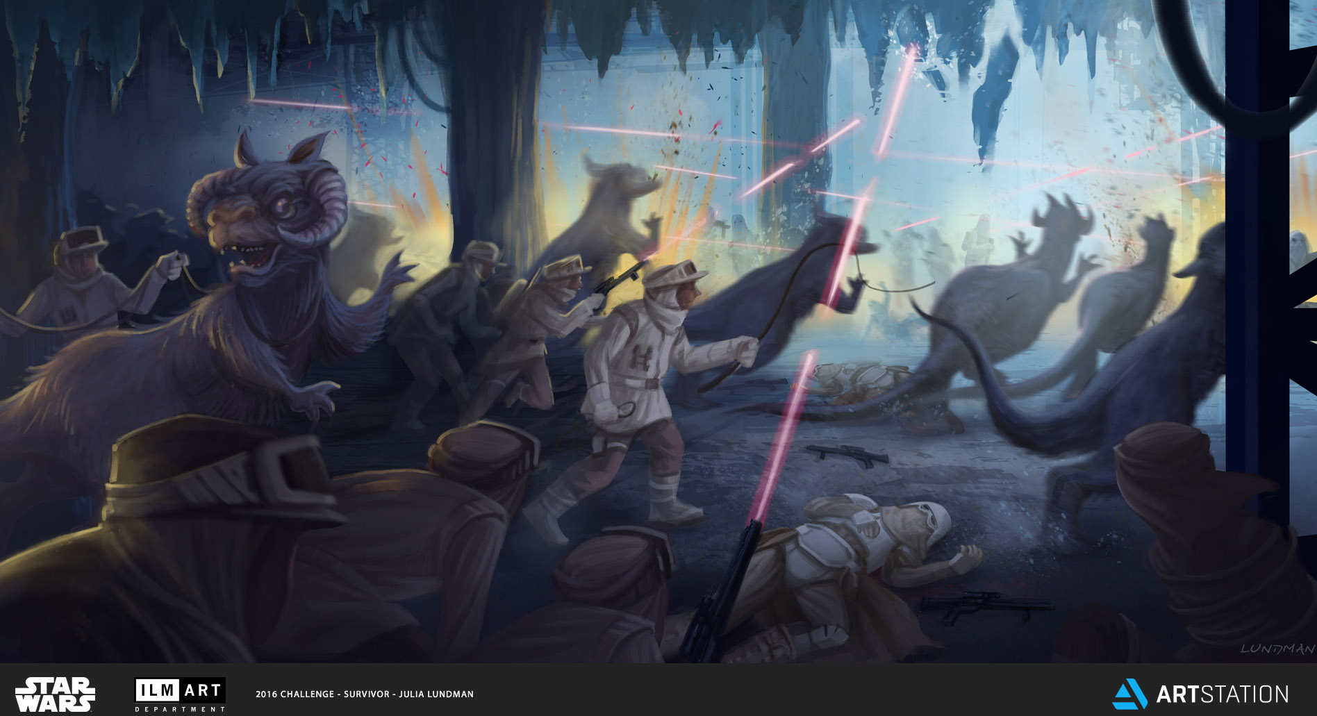 KEYFRAME 5: THE REBELS, WHO WERE HELD CAPTIVE IN A TAUNTAUN PEN, DEVISED A PLAN TO SCARE THE BEASTS INTO A PANIC, CAUSING A STAMPEDE AND NECESSARY DIVERSION. WHILE THE STAMPED DISTRACTED THE SNOWTROOPERS, THE REBELS LOOSENED THEIR TIES AND OVERWHELMED THE SITUATION, USING CAPTURED BLASTERS TO BRING ICE DOWN FROM THE CEILING. 