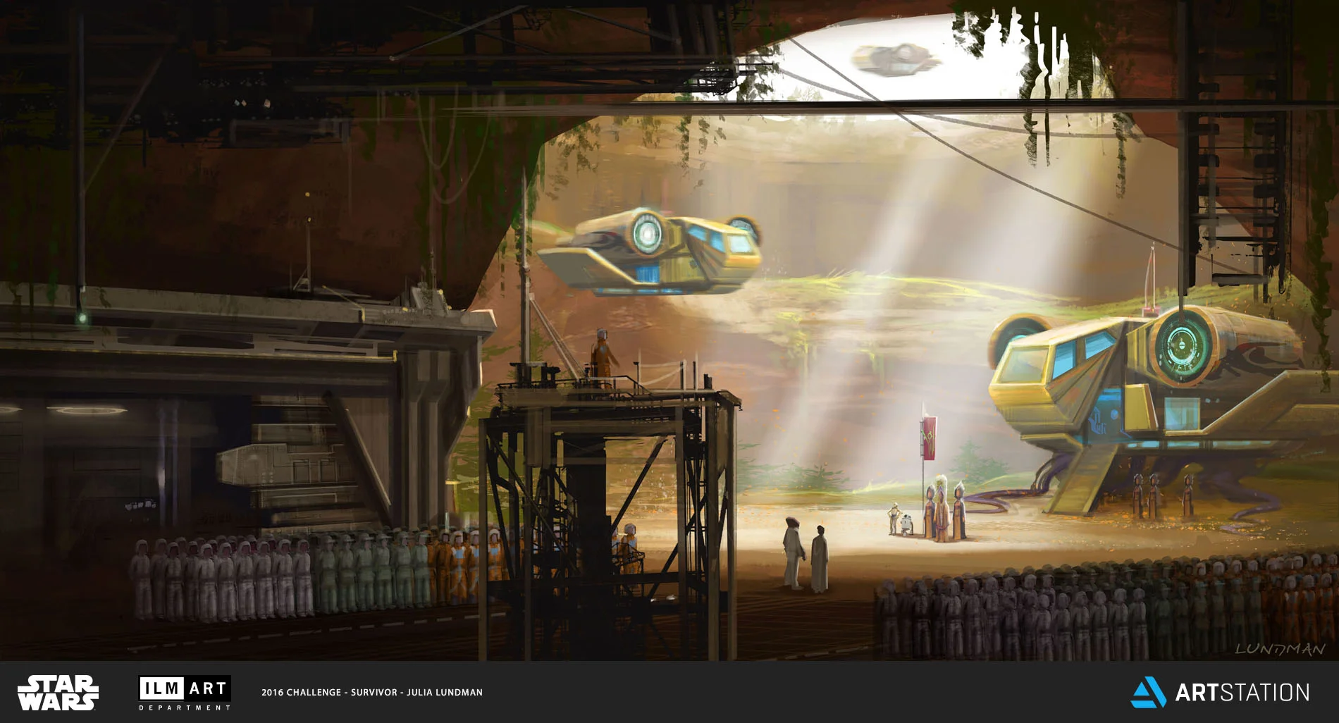 KEYFRAME 6: PRINCESS LEIA AND ADMIRAL ACKBAR WAIT WHILE THE DANJI ARRIVE TO FORM A NEW ALLIANCE WITH THE REBEL FLEET AND RETURN C3PO AND R2D2.