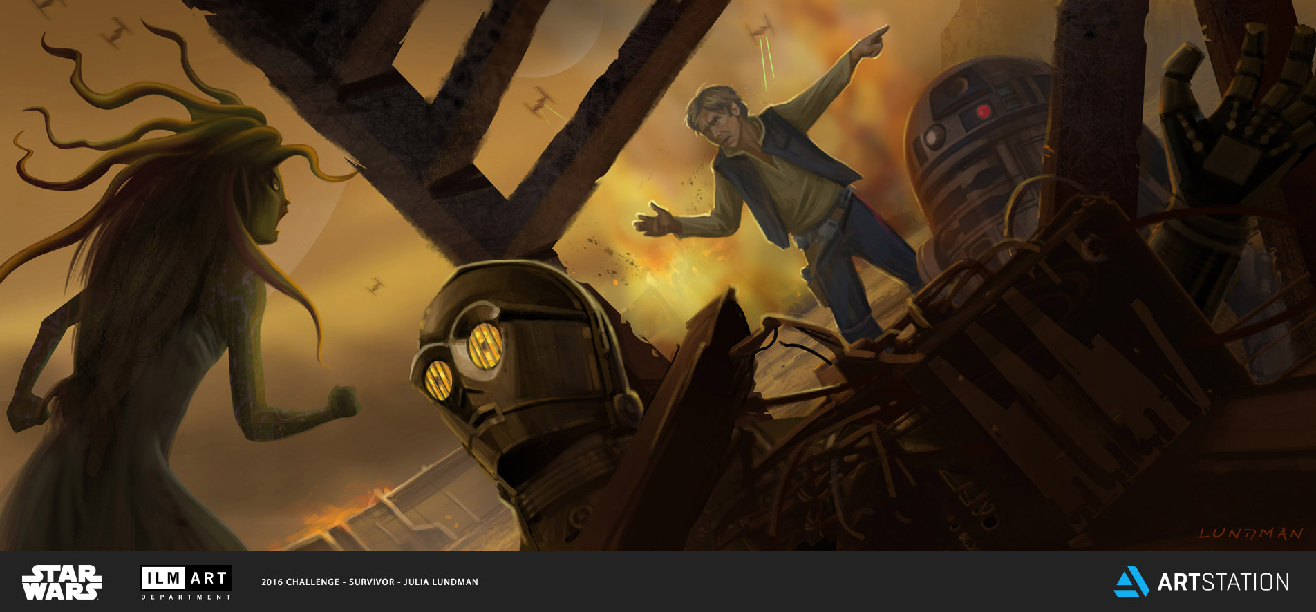 KEYFRAME 7: (FROM SCRIPT PAGES) HAN ARGUES WITH SWANA DURING THE ATTACK WHILE C3P0 IS TRAPPED UNDER DEBRIS. HAN CAN'T BELIEVE NOT ONLY THAT SWANA LEFT THE SHIP, BUT THAT SHE WAS ABOUT TO LEAVE C3PO PINNED UNDER DEBRIS ON THE BATTLE FIELD! UNKNOWN TO HAN, SWANA HAS AN INCREDIBLE DRIVE TO TRY AND RESCUE THE SENTIENT BEINGS THAT INHABIT THE DANJI SHIPS, WHICH WHERE DESTROYED IN THE ATTACK. 