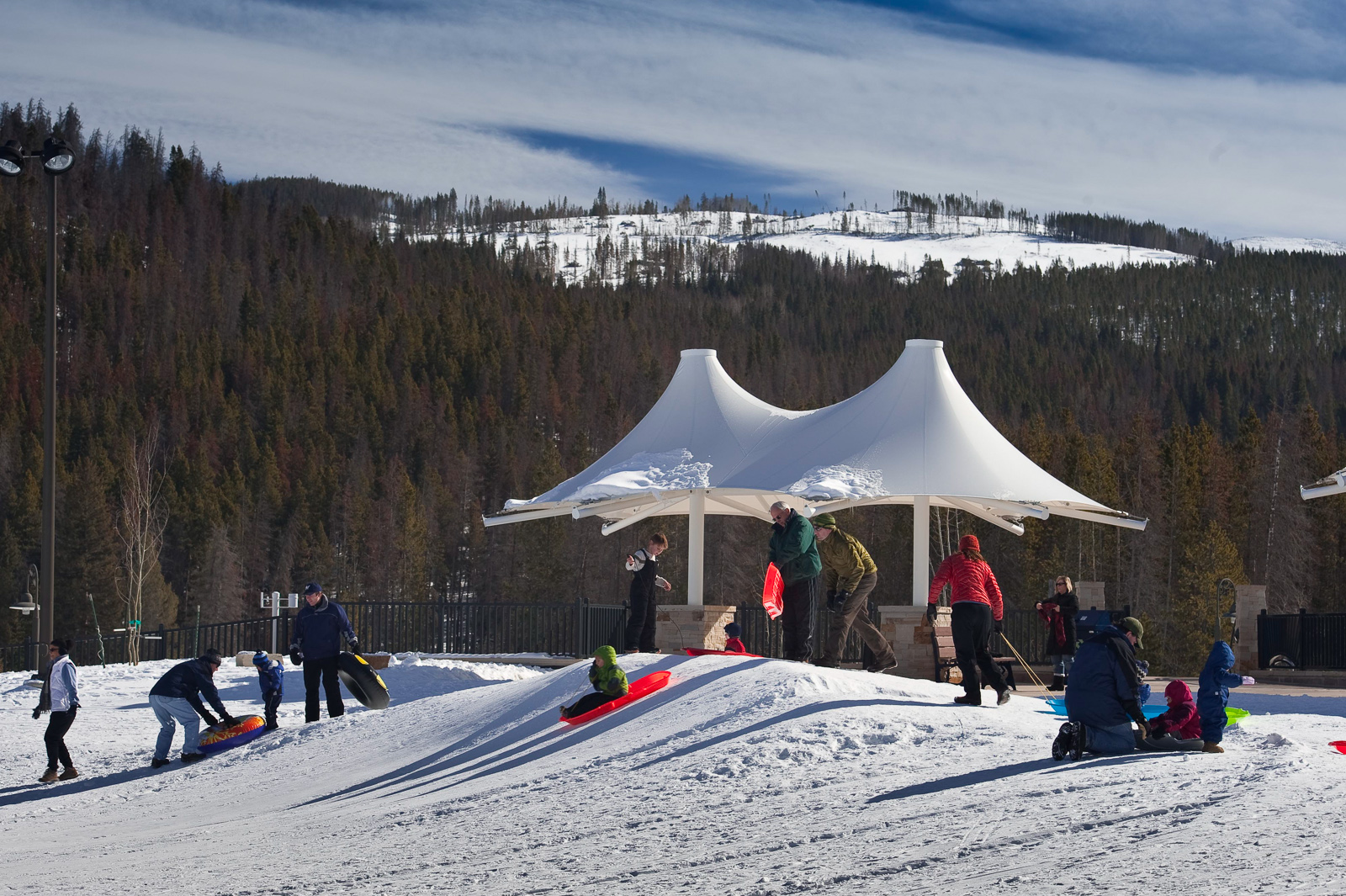 Sledding at amphitheater shelter