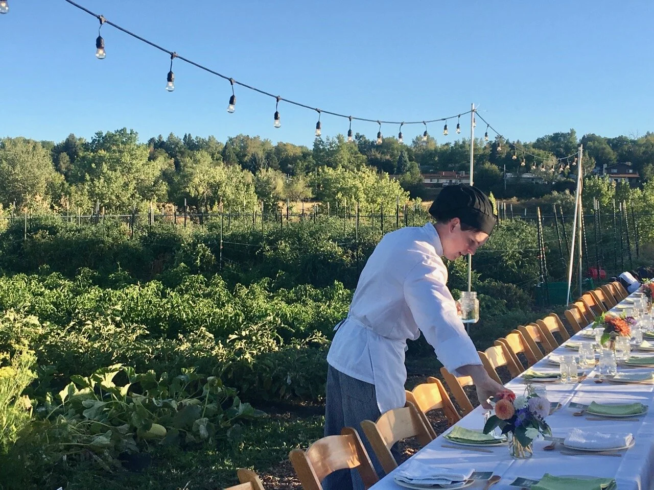 Student chef arranging dinner plates on a long table with white table cloth in a farm field with string lights above