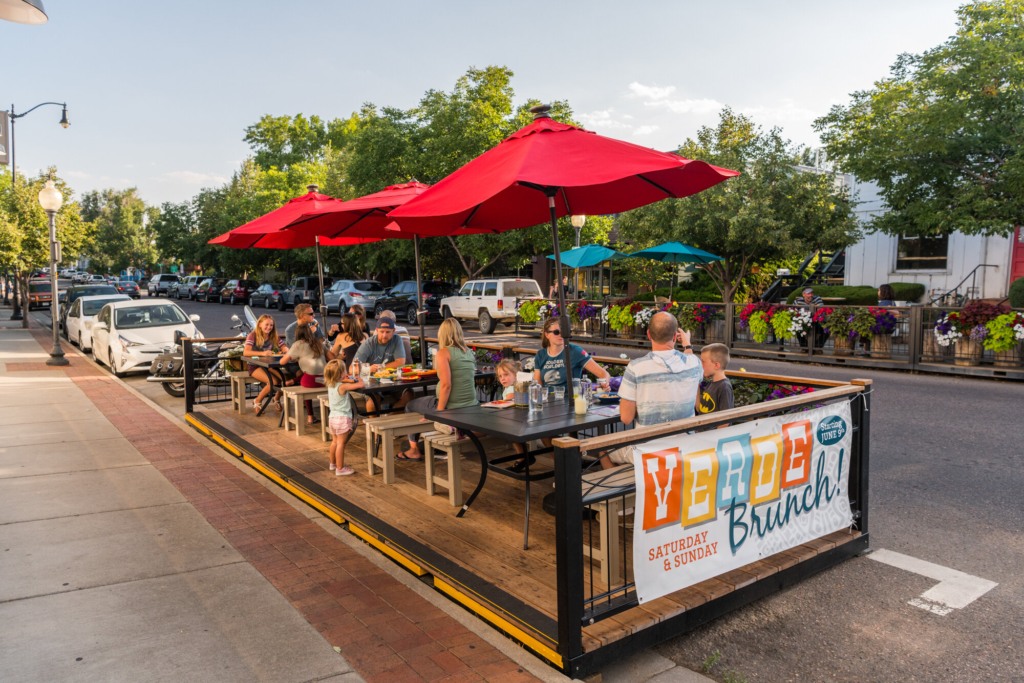  Louisville, Colorado streetside dining. Parklets designed by Design Concepts. 