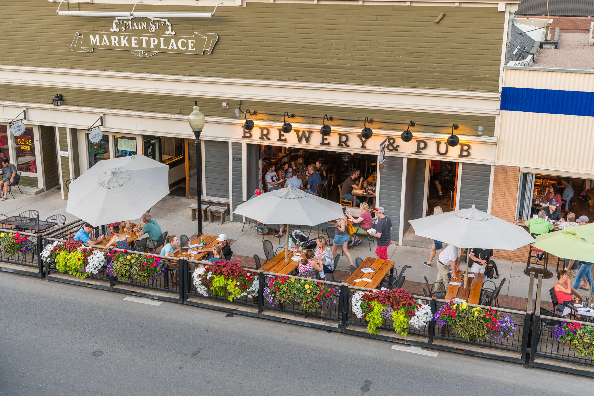  Louisville, Colorado streetside dining. Parklets designed by Design Concepts. 