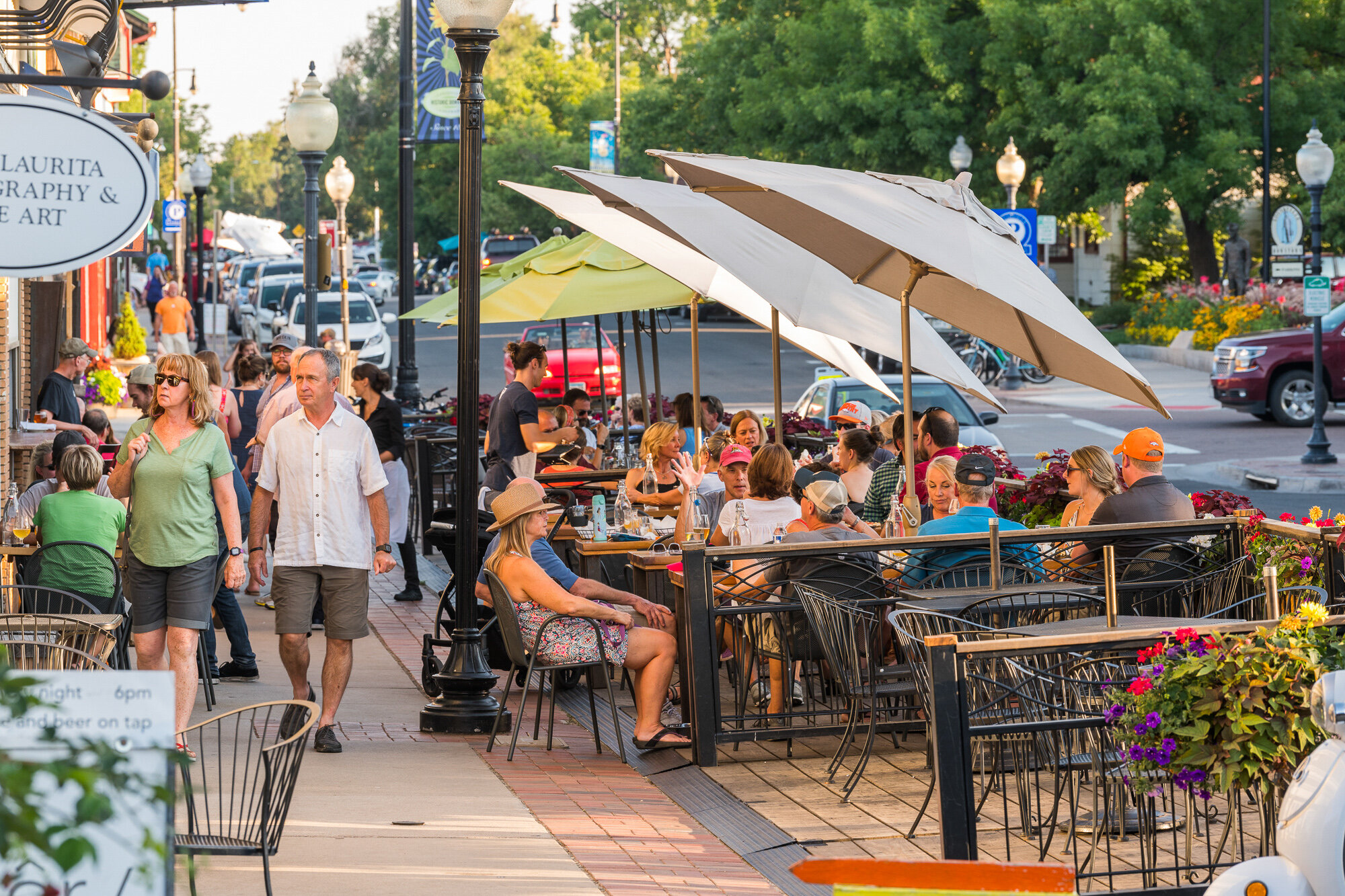  Louisville, Colorado streetside dining. Parklets designed by Design Concepts. 