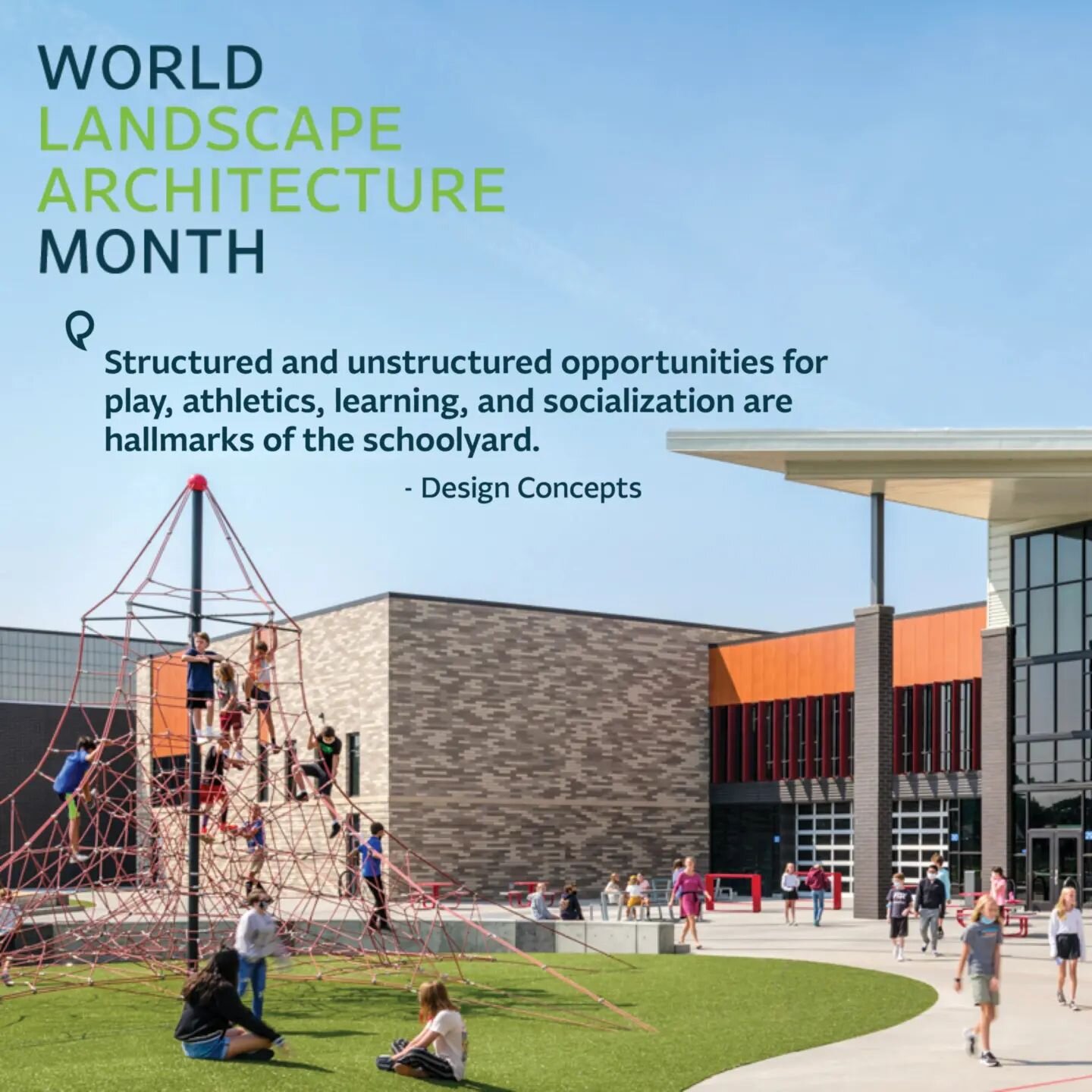 World Landscape Architecture Month helps ground us in gratitude for the role we play in shaping the future generations imagination through design.
.
.
.
#wlam2023 #worldlandscapearchitecturemonth  #landscapearchitecture #educationdesign