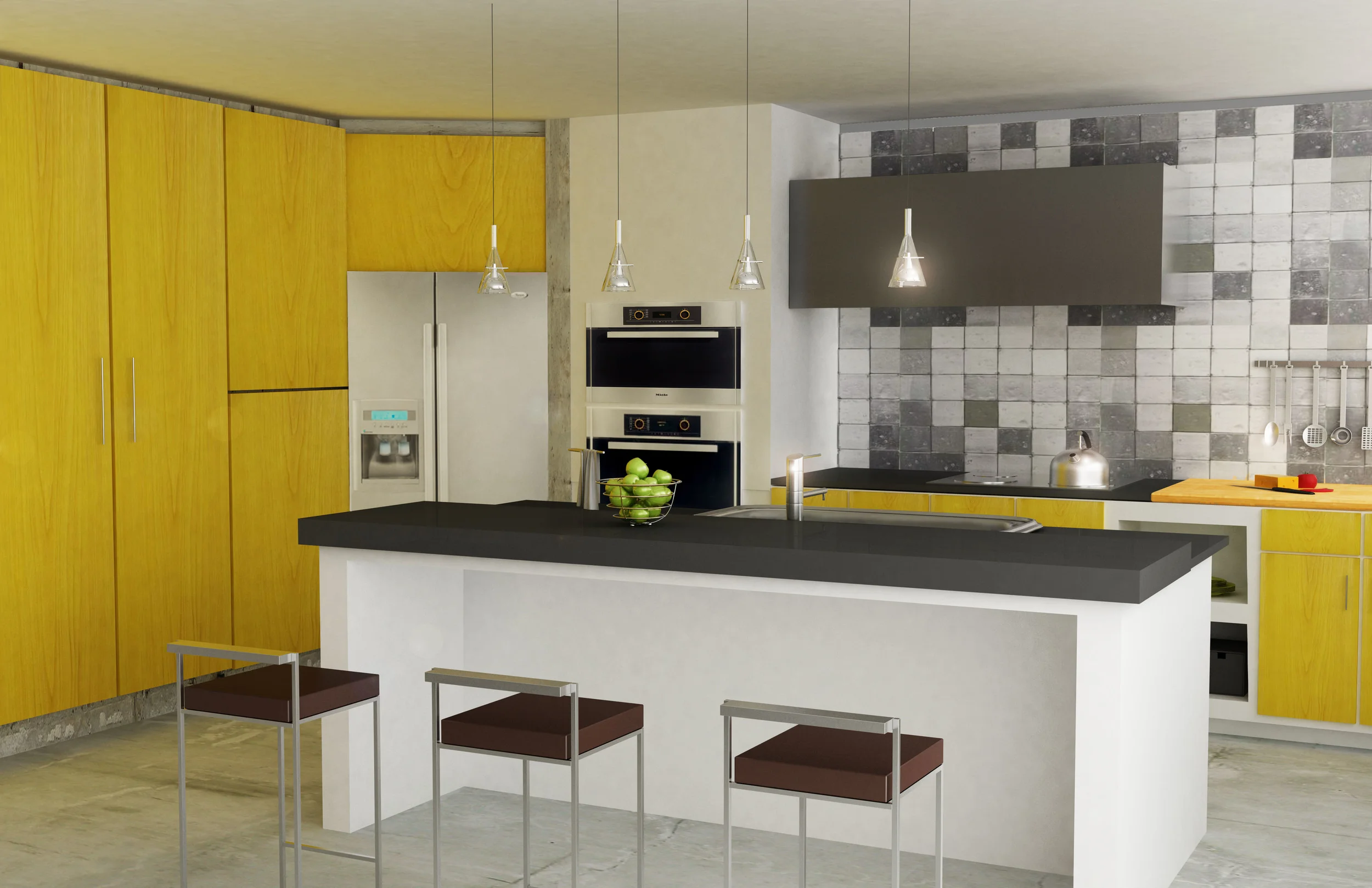 kitchen design The layout of the kitchen invites connection and interaction with the rest of the spaces and its users. Special attention was placed on appliances along with material selection. kitchen { modeled in 3DS max + V ray (academic) 