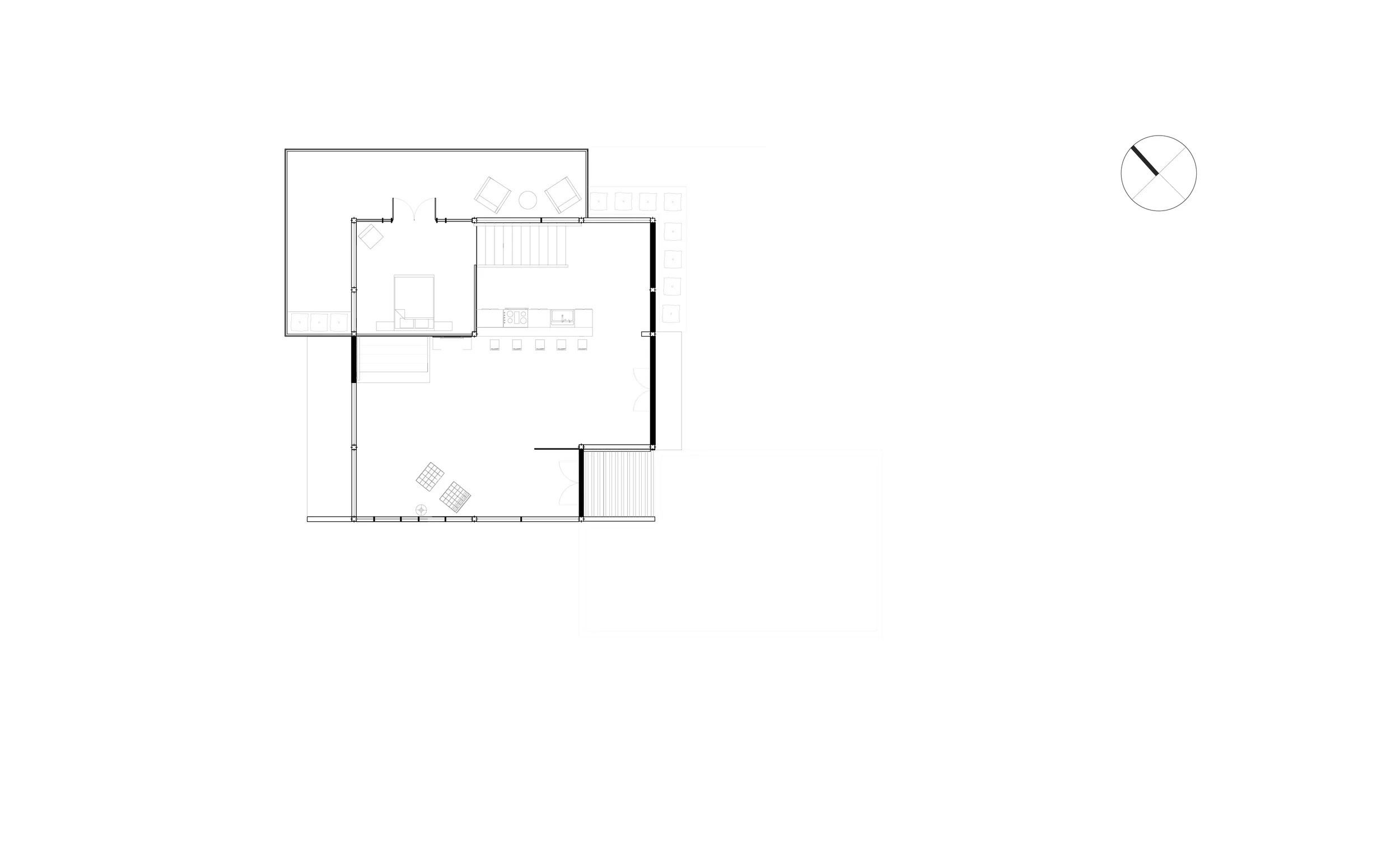 Fibonacci Pool House, Los Angeles, CA Ground Level/ B1 Level floor plan_ AutoCad program To create a guest + pool house less then 1200 sq. feet located on a Los Angeles cliff side with views to the ocean. Clients wanted a modern design that related to their adjacent craftsmen residence. design solution Respecting views + sun orientation and driven by a geometric grid to create rhythm, harmony and proportion this design mixes modern simplicity with craftsmen detail. 2010 (academic) 