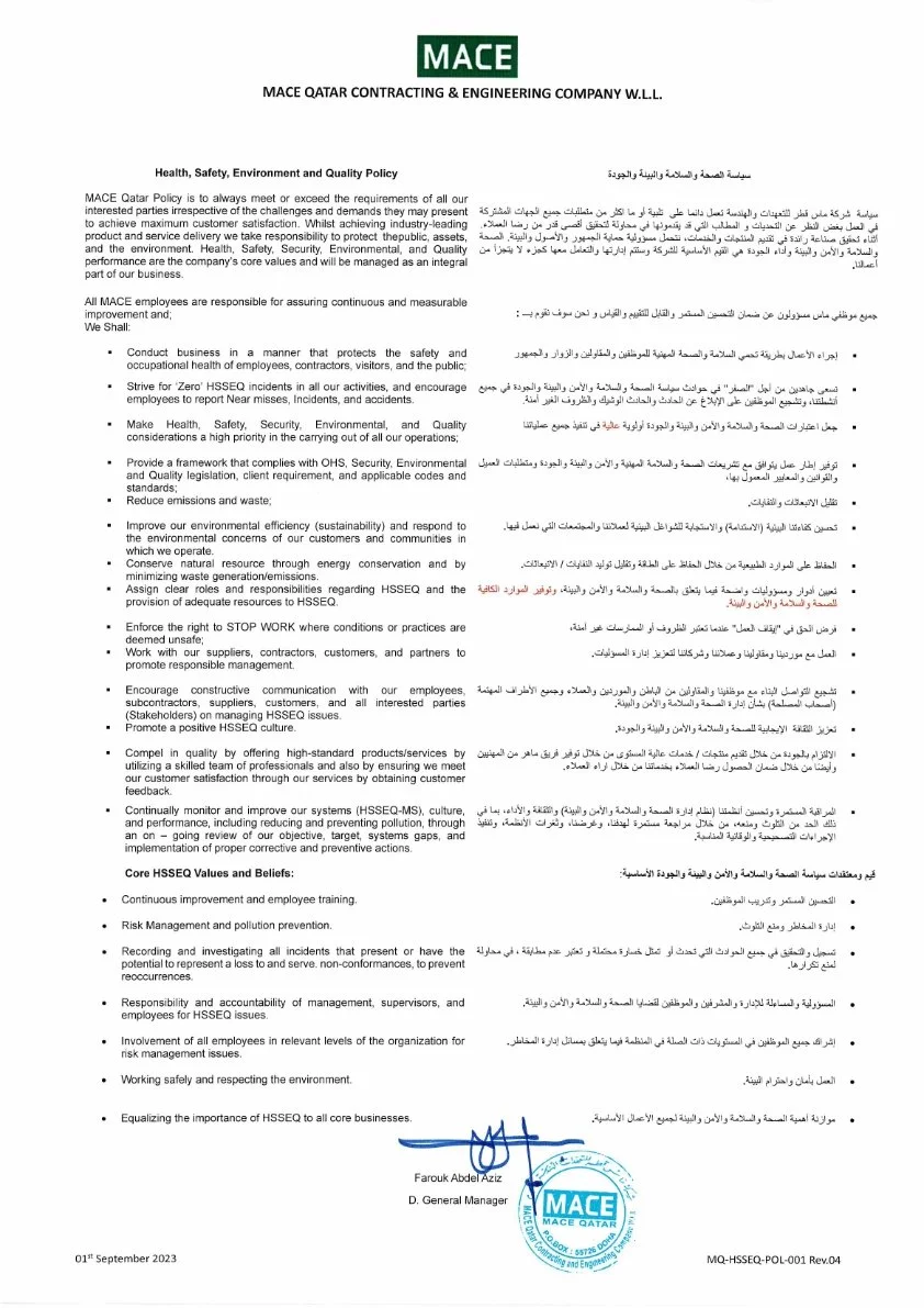 HSSEQ Policy — MACE QATAR Contracting and Engineering Company