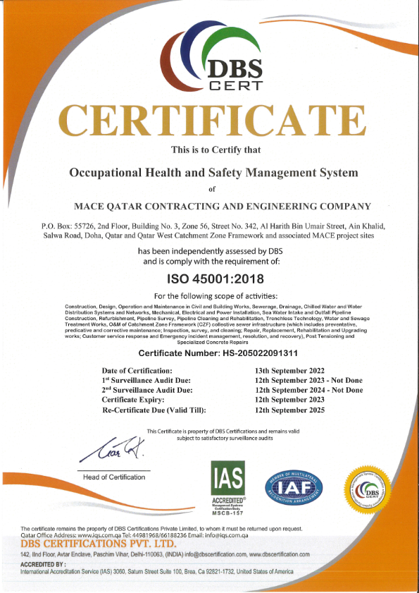 ISO 45001 Certification — MACE QATAR Contracting and Engineering Company