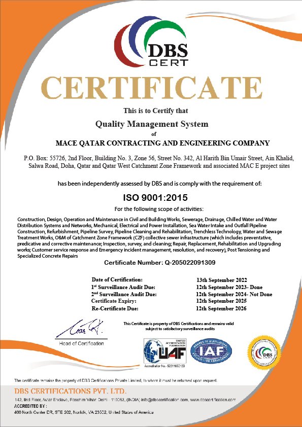 ISO 9001 Certification — MACE QATAR Contracting and Engineering Company