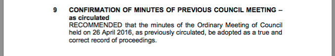 Extract of May Council meeting minutes. 