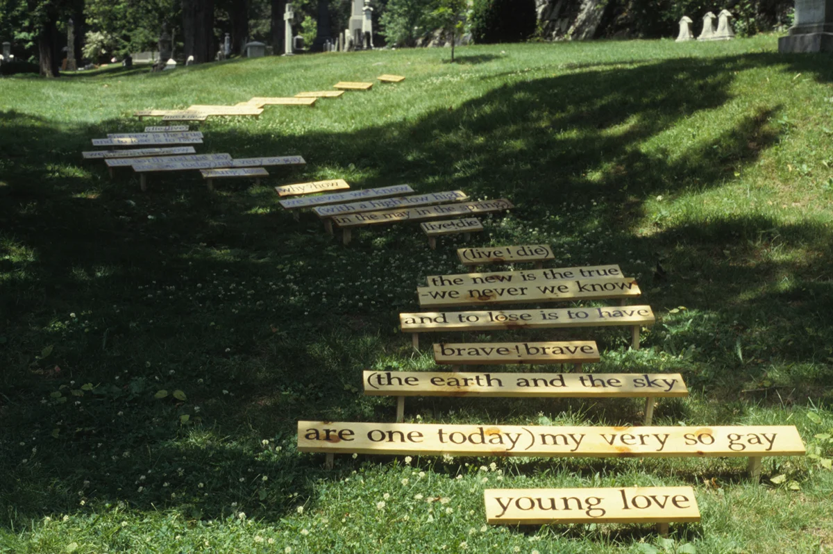 Caroline Bagenal "Poems" Forest Hills Cemetery, 2004, wood, paint, 12" x 80Feet x 15"