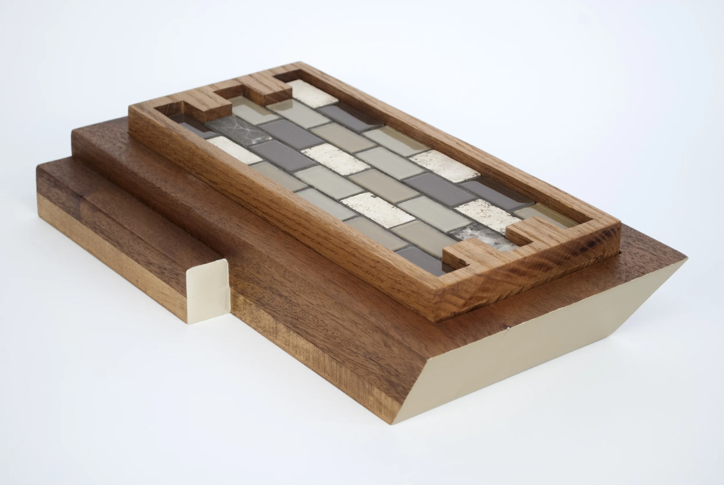 Carmel (2016), various hardwood, latex enamel paint, mosaic backsplash, grout, 16 x 9 x 3 inches