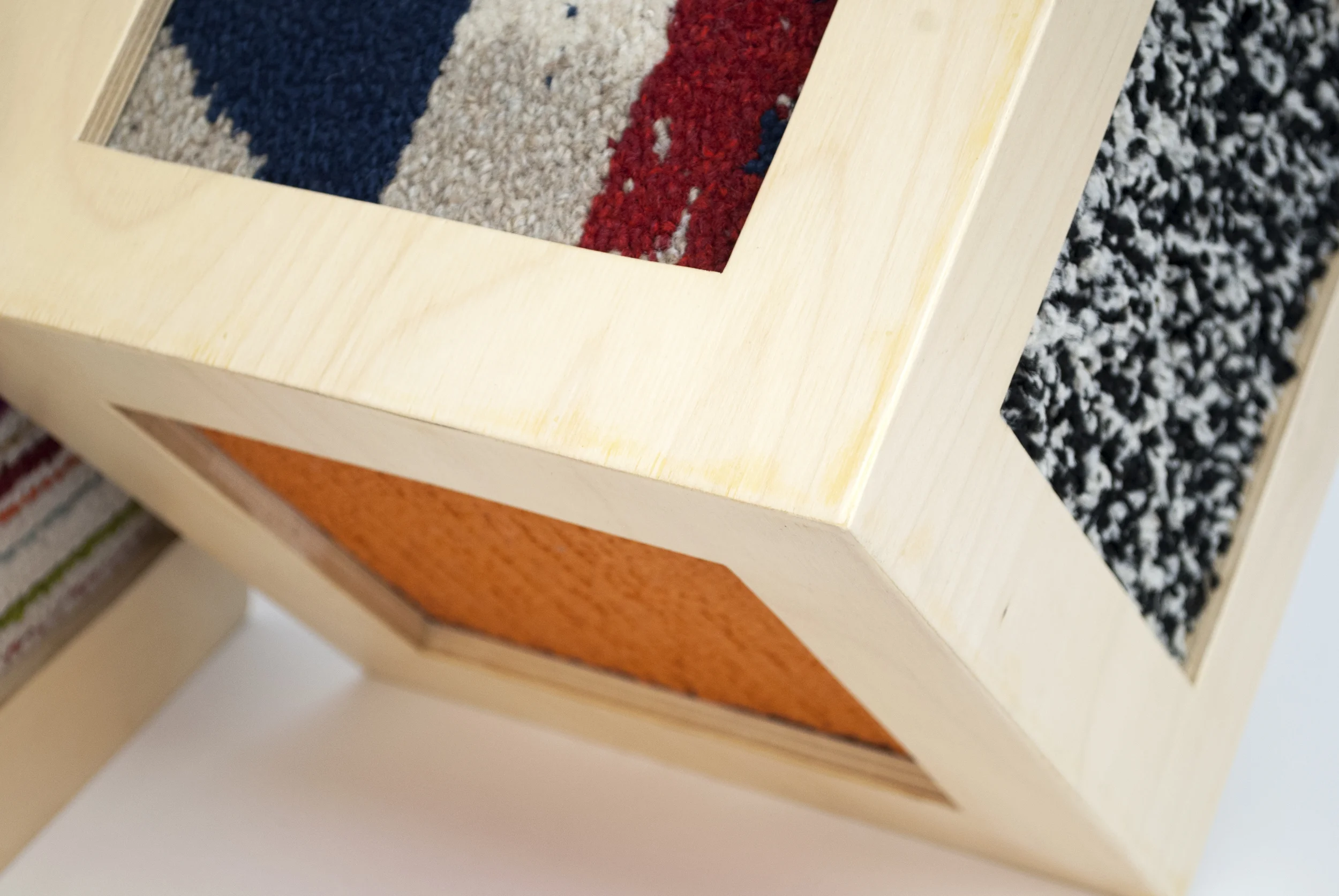 Match (2016) (detail), birch plywood, carpet tiles, white-wash pickling stain, 13 x 13 x 13 inches (each)