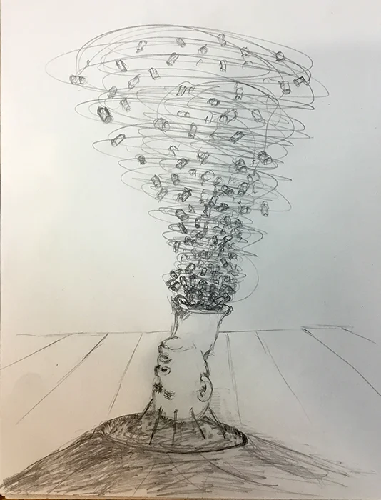 Sketch for Human Impact/ welded steel, wood wire, ceramics, plaster, rubber