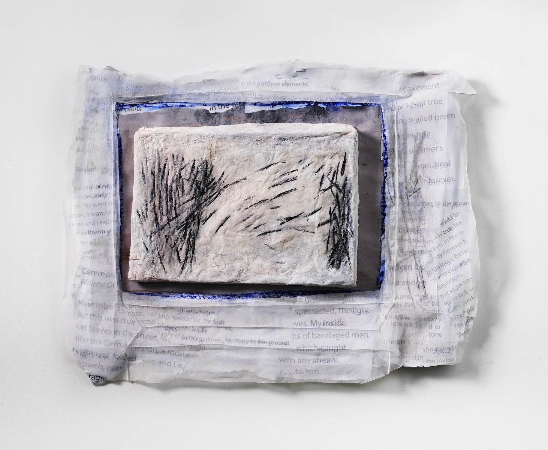 Striking a Light Courthouse Stone , 2018, Cast paper, plaster, pigment, collaged borrowed poem fragments by Audrey Henderson, scrim, thread, 34 x 44 x 3 inches