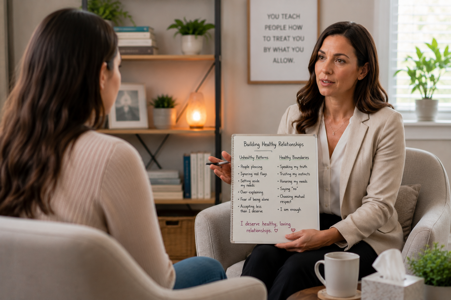 Therapist helping a client establish healthy boundaries after leaving a narcissistic relationship.