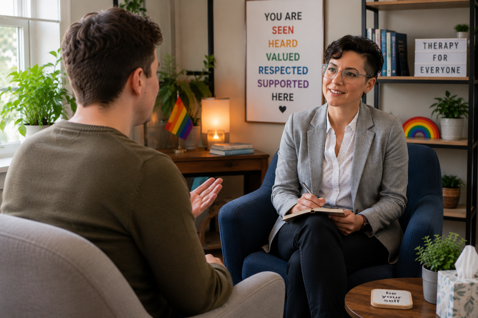 An LGBTQ-affirming therapist speaking with a client about managing anxiety, depression, and everyday stress in a welcoming counseling office.