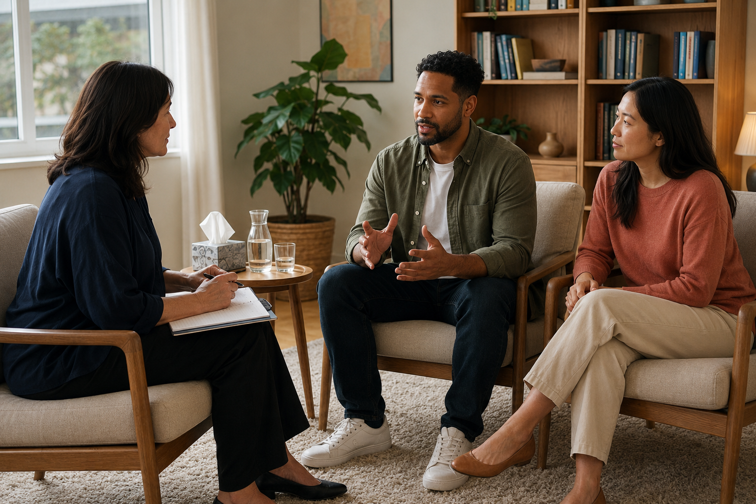 First couples counseling session with a therapist and couple