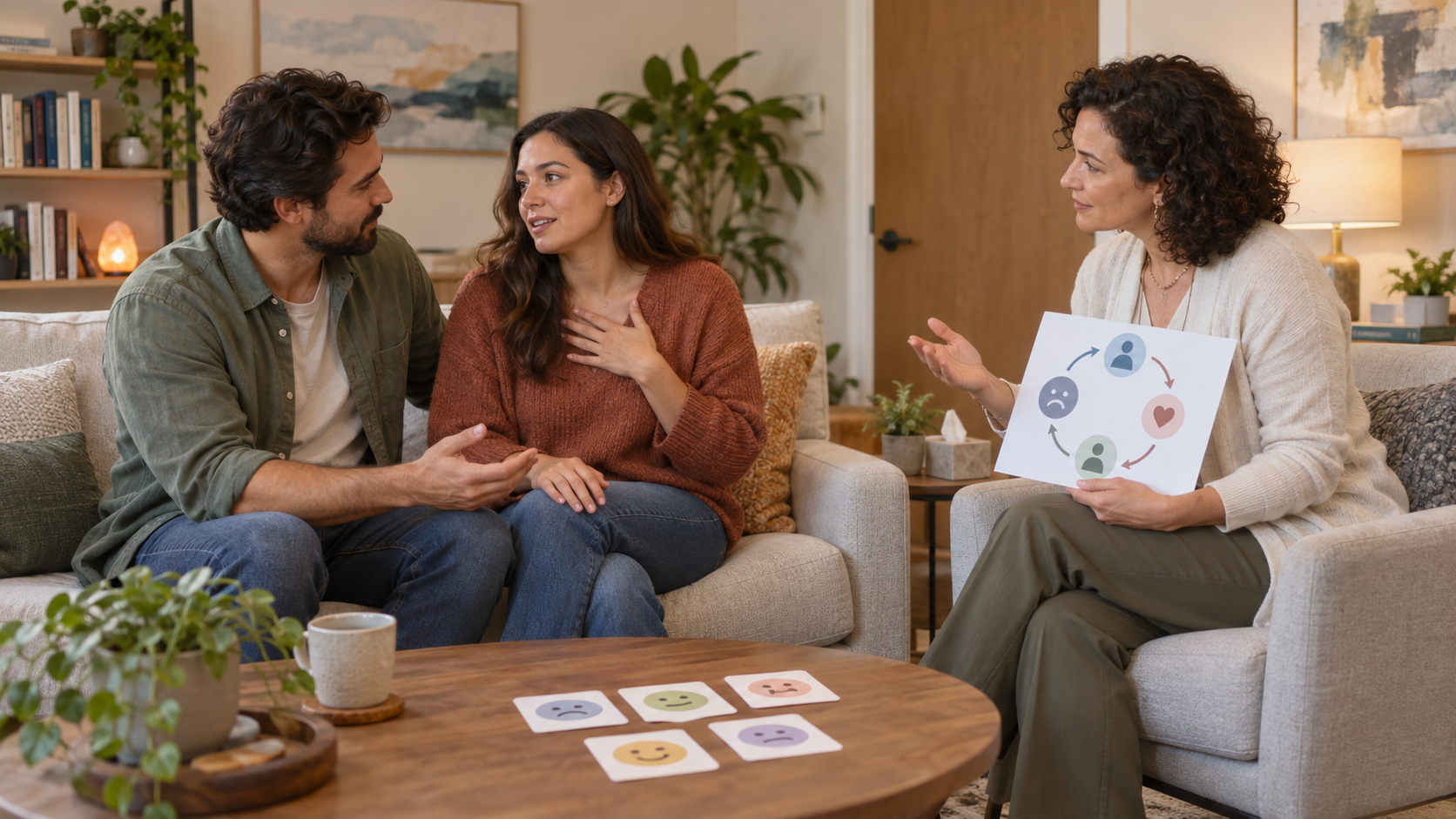 Chicago couple learning about Emotionally Focused Therapy with a therapist.