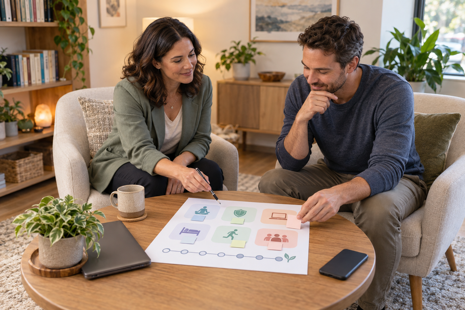 Therapist helping a client create a personalized plan for recovering from burnout.