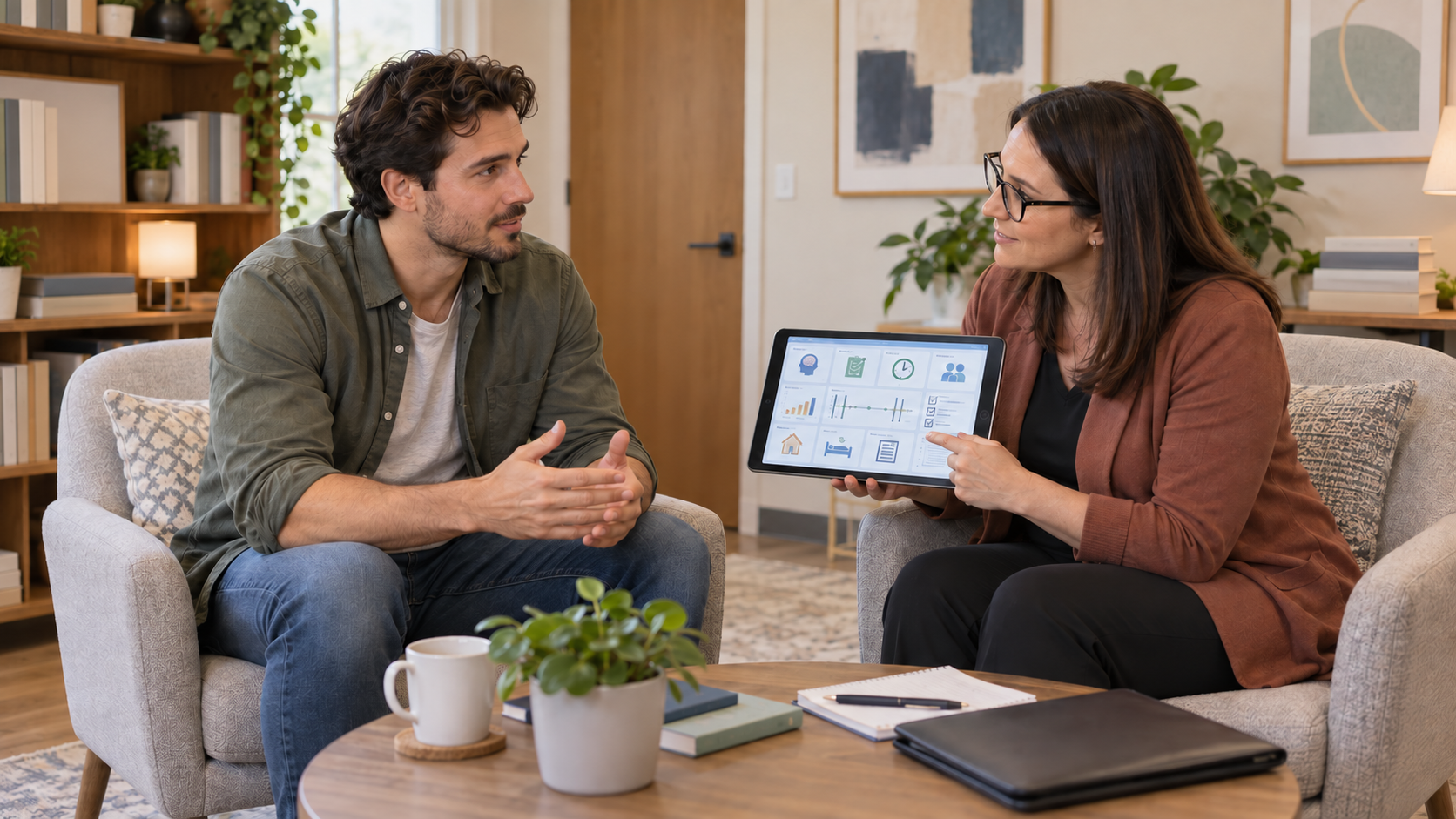 Therapist discussing ADHD symptoms and evaluation options with an adult in Chicago