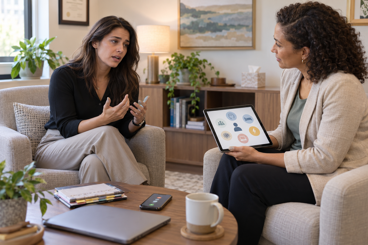 Therapist discussing common burnout triggers and warning signs with an adult experiencing chronic stress.
