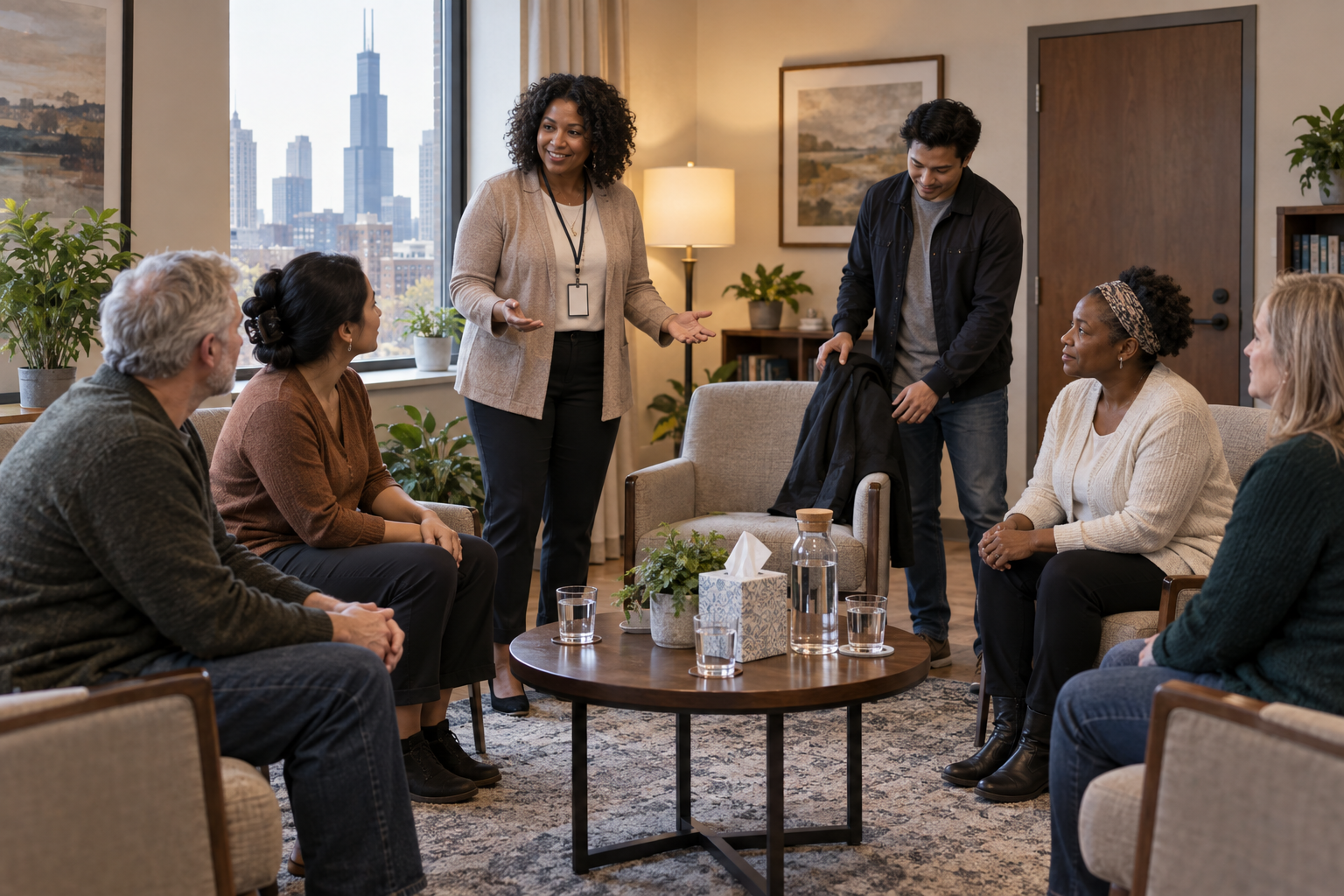 Grief support group facilitator welcoming participants in a private Chicago meeting room.