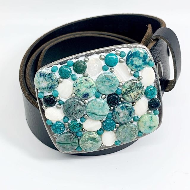 African turquoise with mother of pearl beads. Each one looks like a beautiful seascape. -
-
#beltbuckle #etsyfinds #supportsmallbusiness #standwithsmall #shopetsy #africanturquoise #bohemianstyle #fashiontrends #fashiontrends #2020fashion