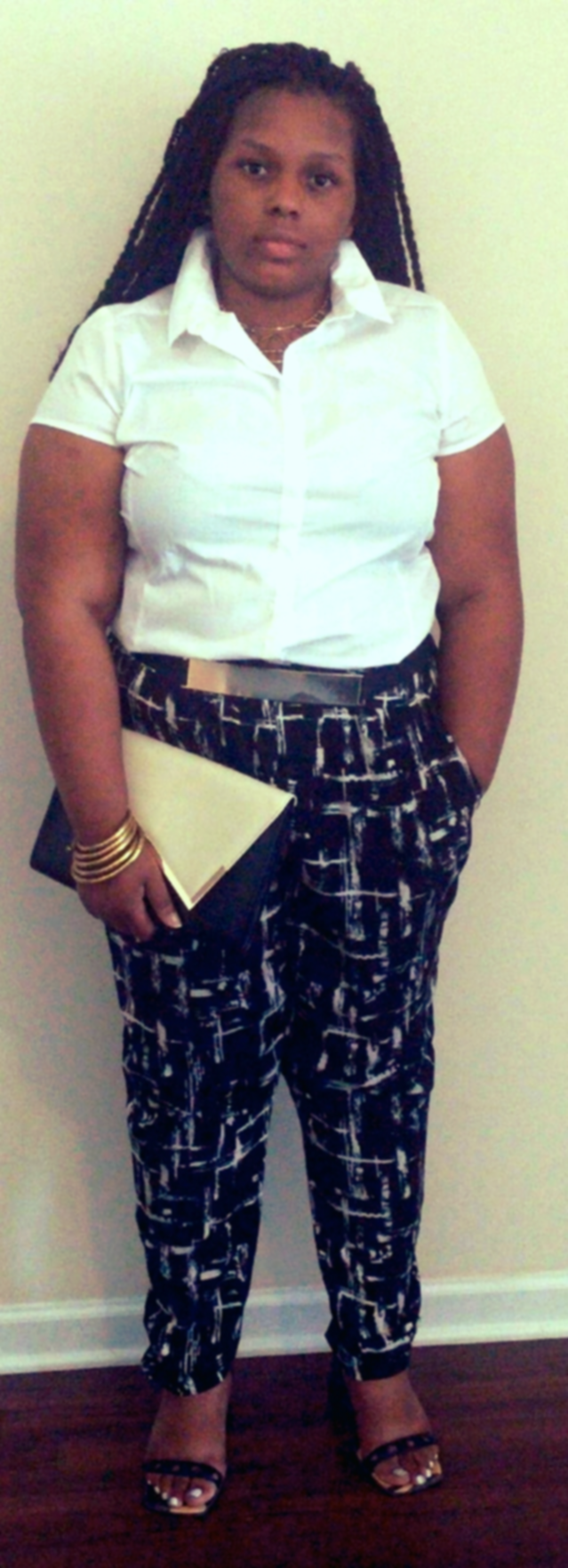 Charity in the first look. Pants, necklace and belt - Forever 21 . Blouse - JCPenny . Sandals - Bare Feet. Clutch - Aldo .