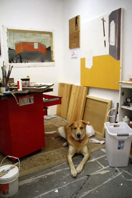 "Studio Gangster" - Olive, beloved dingoish dog and companion, in my studio in Somerville, MA in 2010