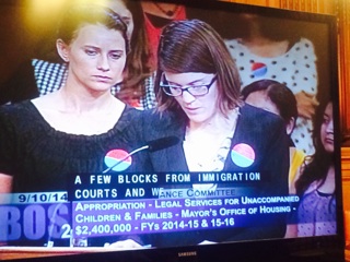 Co-Director and Immigration Attorney, Marie Vincent, testifies in support of access to counsel initiative (City Hall, Sept. 2014)