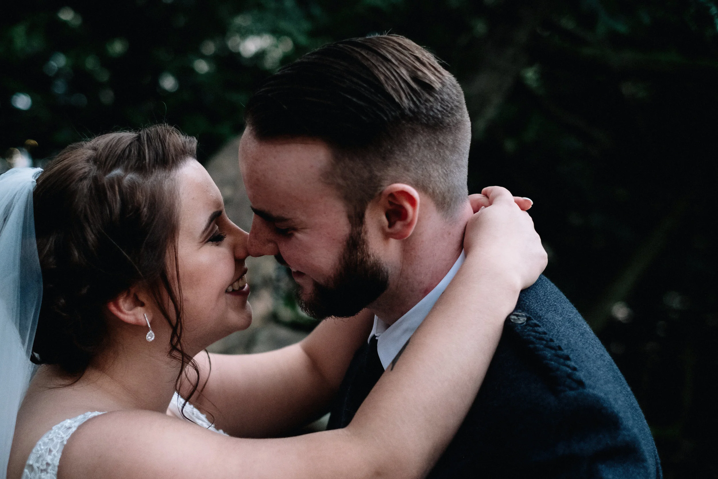 Bride and groom in an intimate embrace