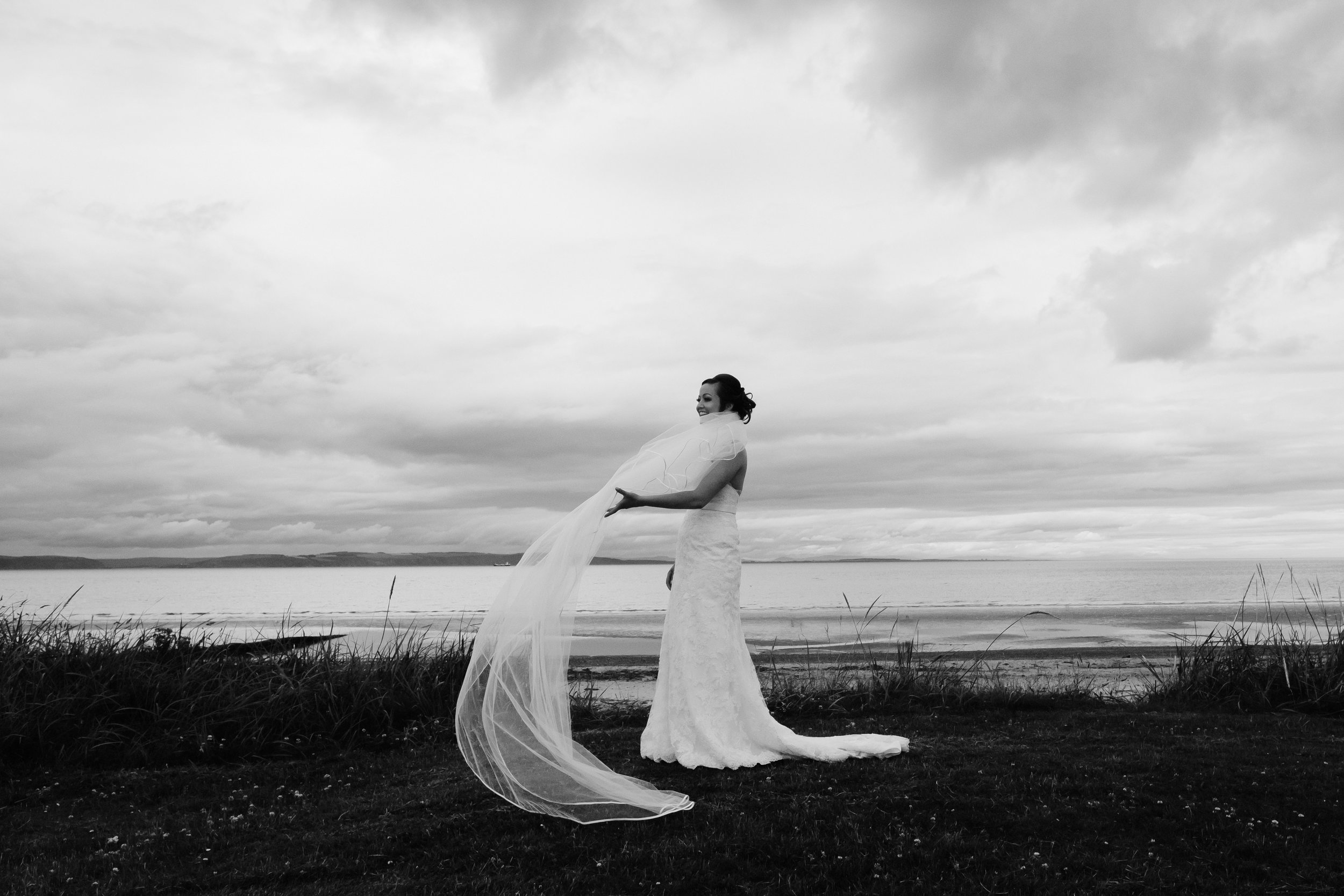 Bridal veil being blown in wind