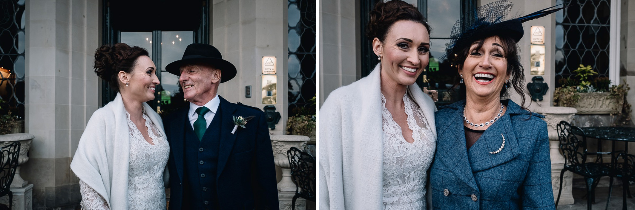 Bride standing outside Dundas Castle with her parents on her wedding day