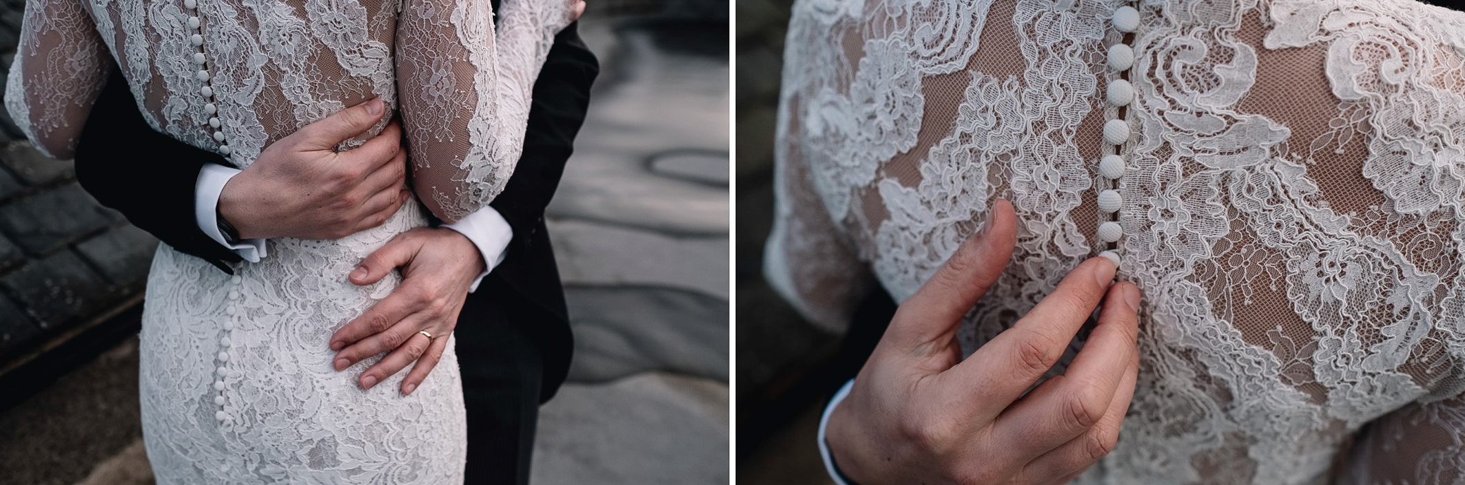  close up of groom's hands which are holding the back of his bride's lace dress 