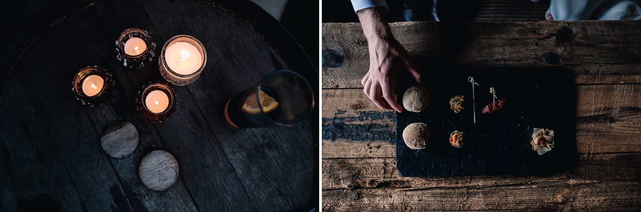 A collage - on the left are candles on a barrell of the evening reception. On the right is a slate with canapes of the afternoon drinks reception.