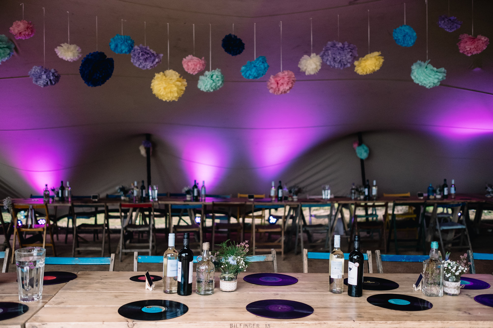  Inside the tent at Ravenshuegh Log Cabin. Beautifully + colourfully decorated for the evening reception. 