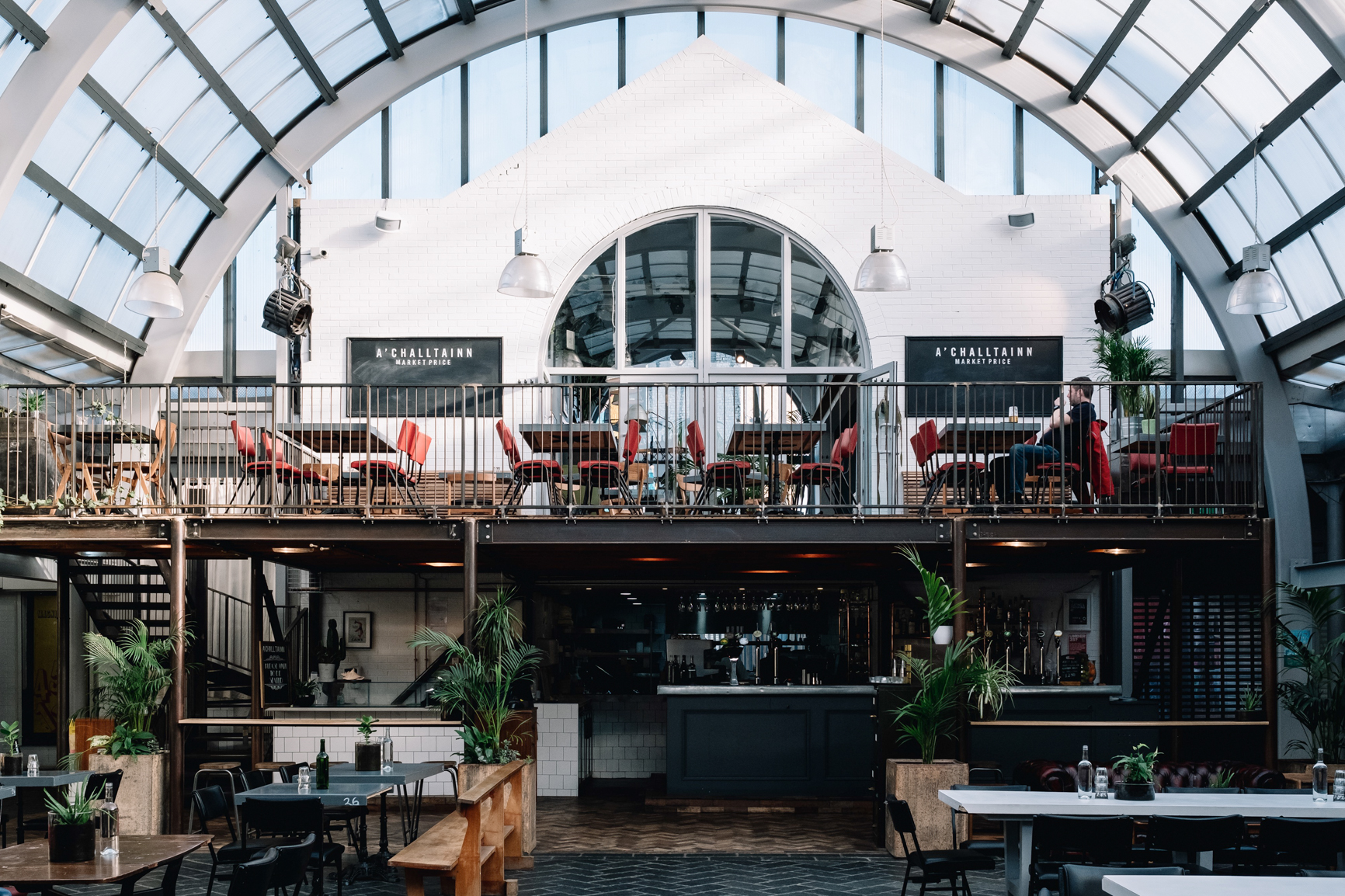 A sunny day shows off the inside of the atrium and courtyard in BAaD.