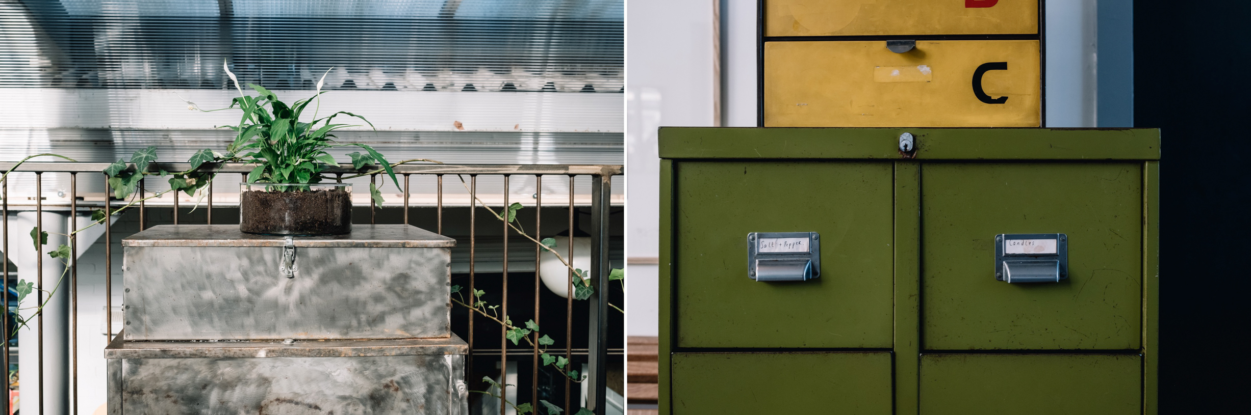 A pot plant on top of steel draws next to a photo of green steel drawers.