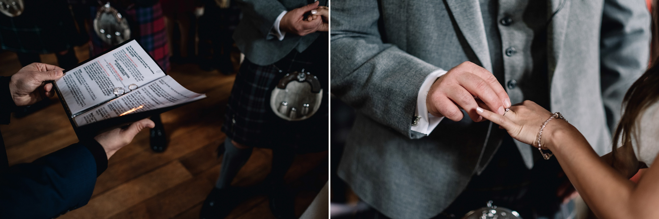  Groom places ring of bride's finger during wedding ceremony. 