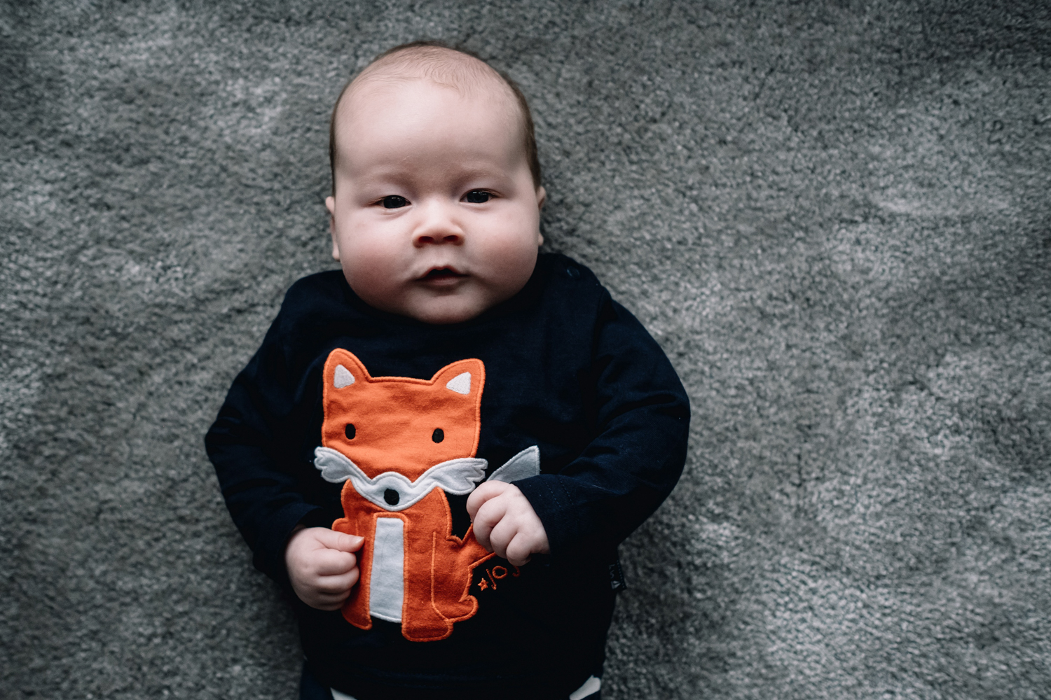  Baby wearing fox jumper is looking directly to the camera. 