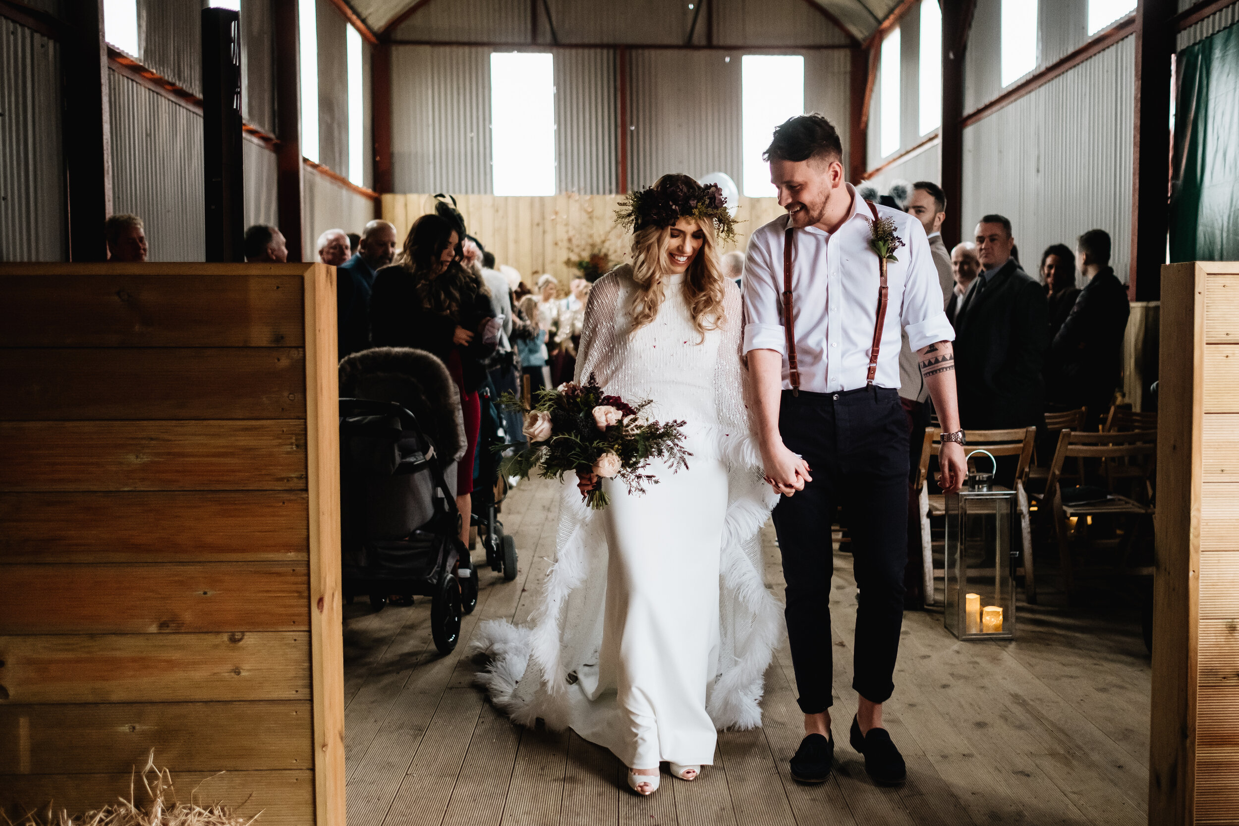 Winter Wedding at Dalduff With a Bridal Cape, Flower Crown featuring Myrtle + Bracken