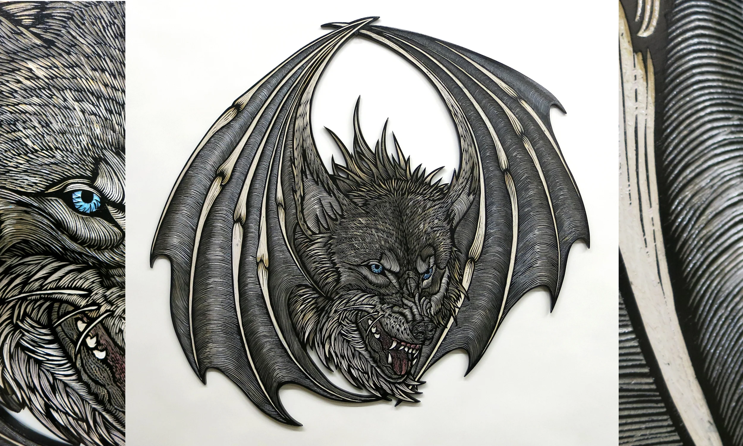 Resurrected Wolfbat (woodcarving 42"x34")SOLD