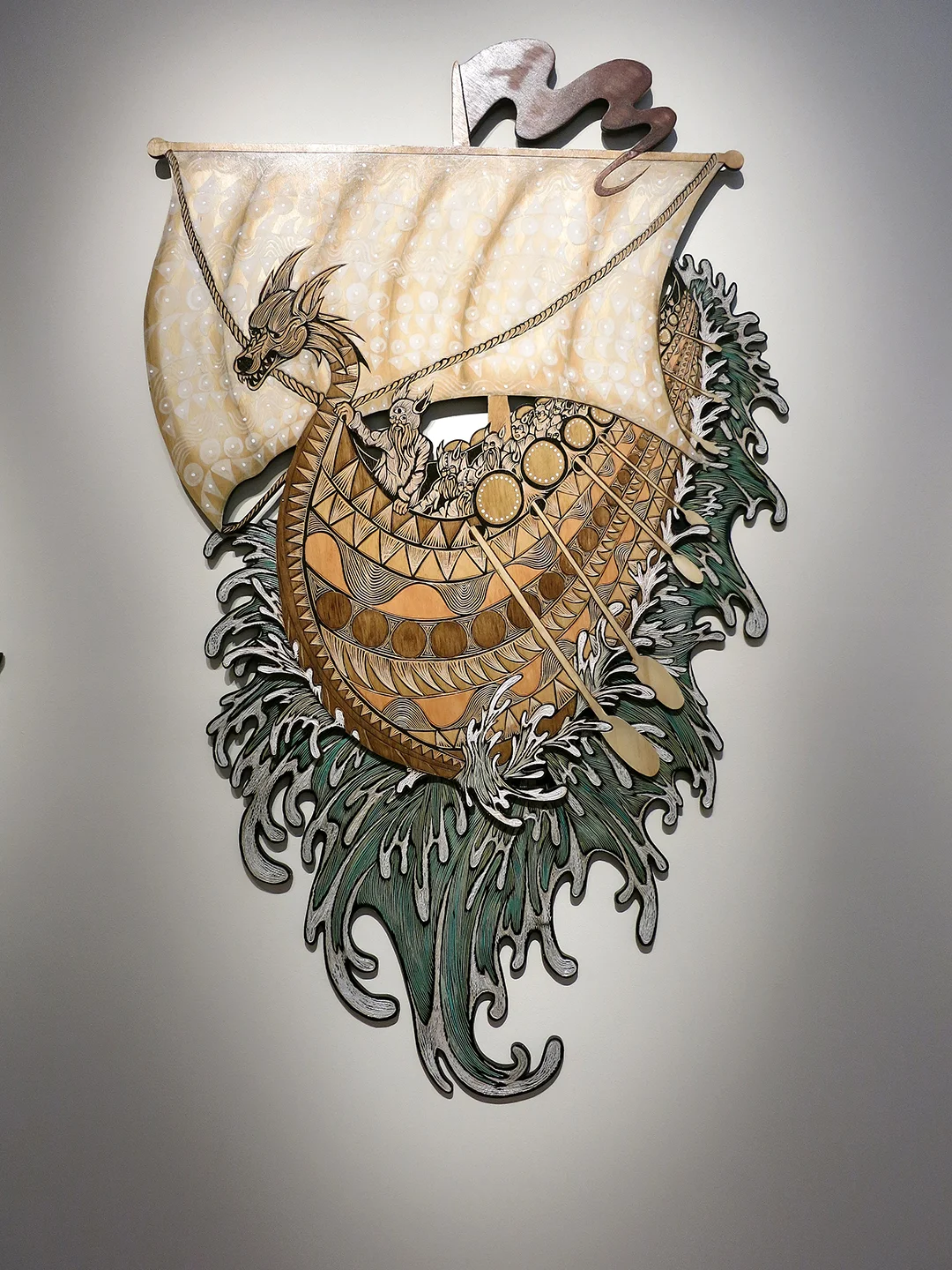 Wolfbat Vessel, 2014, 72x48" woodcarving, wood stain, acrylic