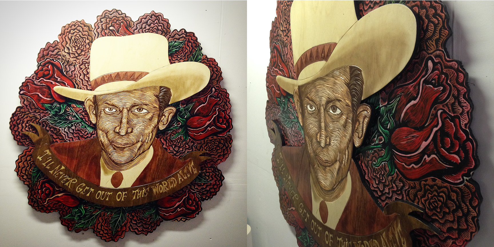 I'll Never get Outta This World Alive 2014(Hank Williams) 48x48" woodcarving, wood stain, acrylic and woodcut prints