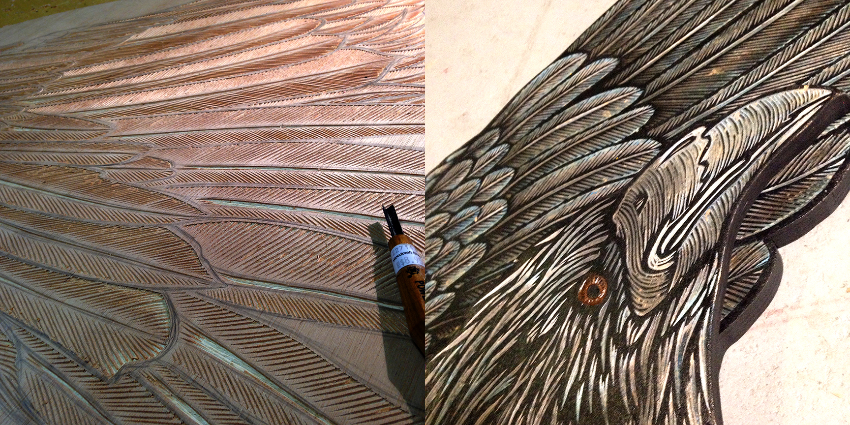 Detail of carving and color process of Rainbow Crows 2015