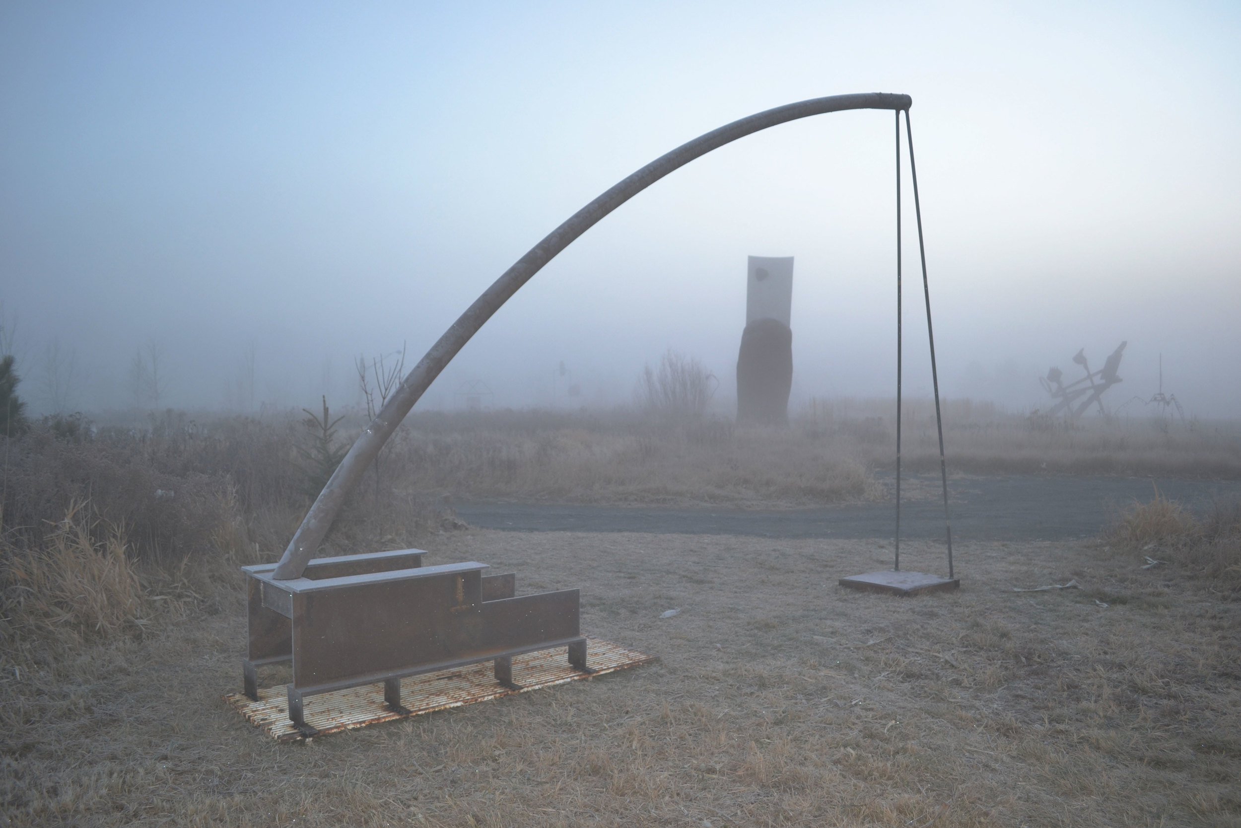   Spike Against the Eye   Fabricated steel and plastic  14' x 17.5' x 31"  2012        Created at Franconia Sculpture Park, MN, August – October 2012. 