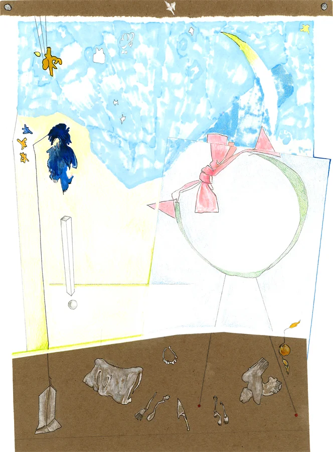 Inverted Collar and Tie Pen and pencil on paper 11" x 14" 2013 When night falls in the museum where I live, I go to the closet and take out my things. This place is the only holy one I know, with its spirits of scoundrel and might; I sleep and eat in front of my Greats, di Suvero, Oldenburg and Coosje, Benglis. My dreams are bows and flowers and stars. 