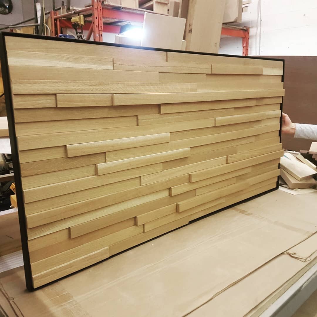 Always looking for ways to use up some scrap. White oak strips with an angle iron shadow box frame to make this headboard. We can just imagine this on a larger scale. #yyc #yycdesign #yyccustom #yyccraft #yycwoodworker #yycinteriordesign #interiordes